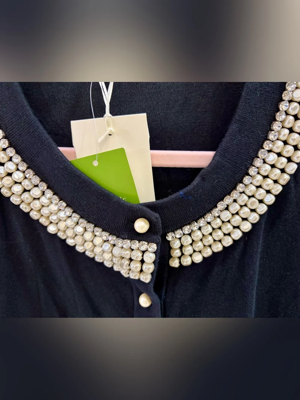 NWT Kate Spade Tula Black Pearl-Trim Cardigan M